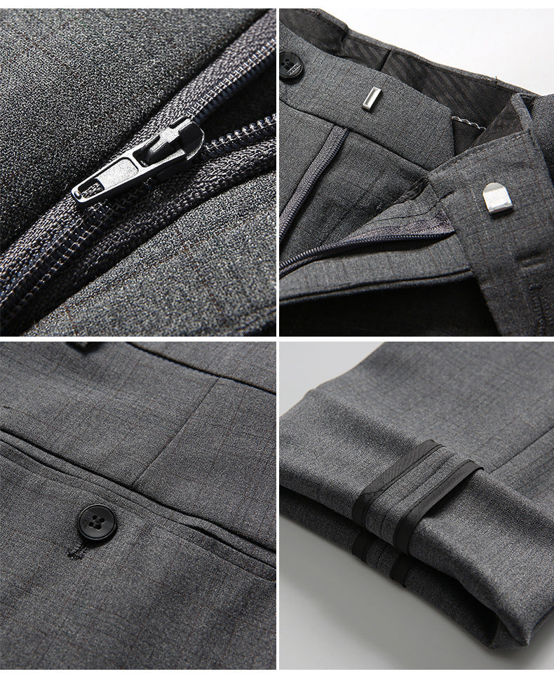 Four-panel detail image showing suit zipper, waistband closure, pocket construction and trouser cuff finishing
