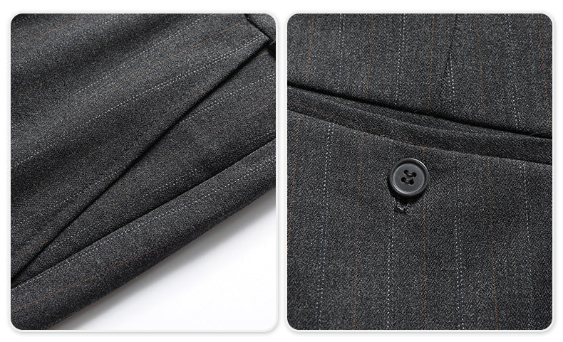 Detail shots showing fabric texture and button finish of pinstripe suiting material