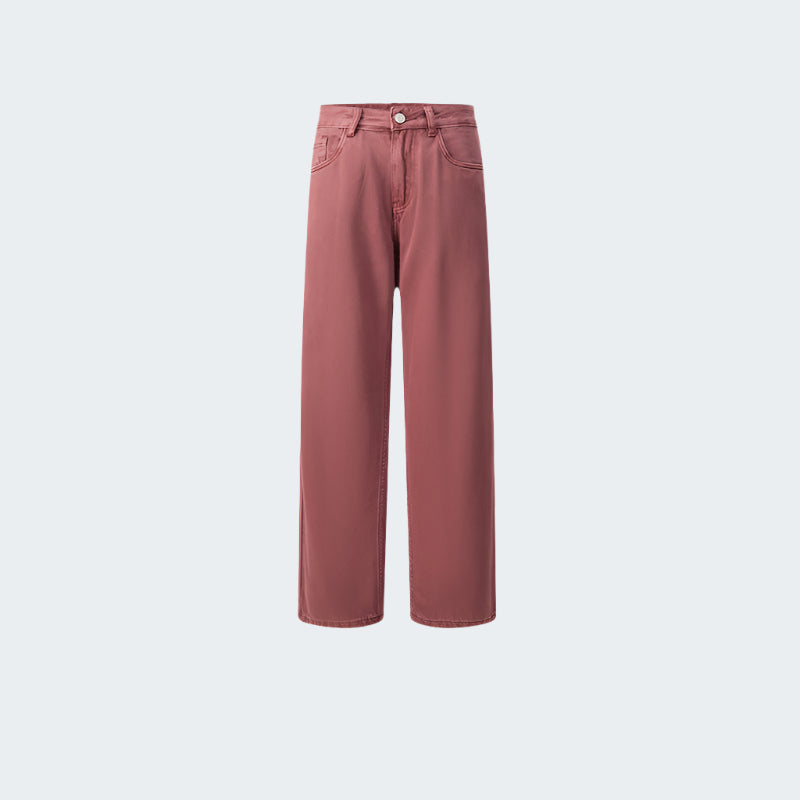 Dusty rose wide-leg jeans with relaxed fit and traditional denim details