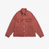 Rust red denim jacket with silver buttons and chest pockets displayed flat against white background