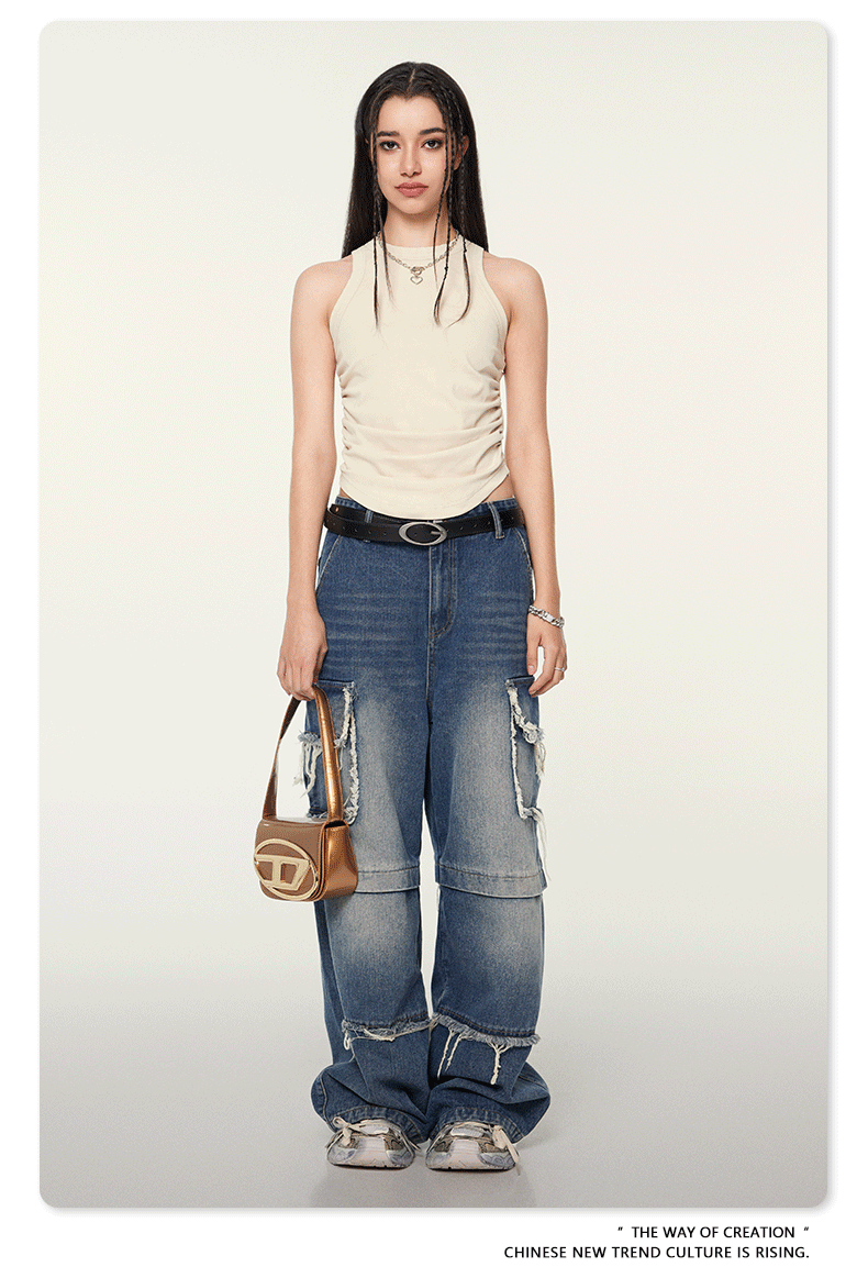 Off-white colored tank top with side ruching, front view