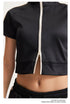 Black crop top with white zip front detail