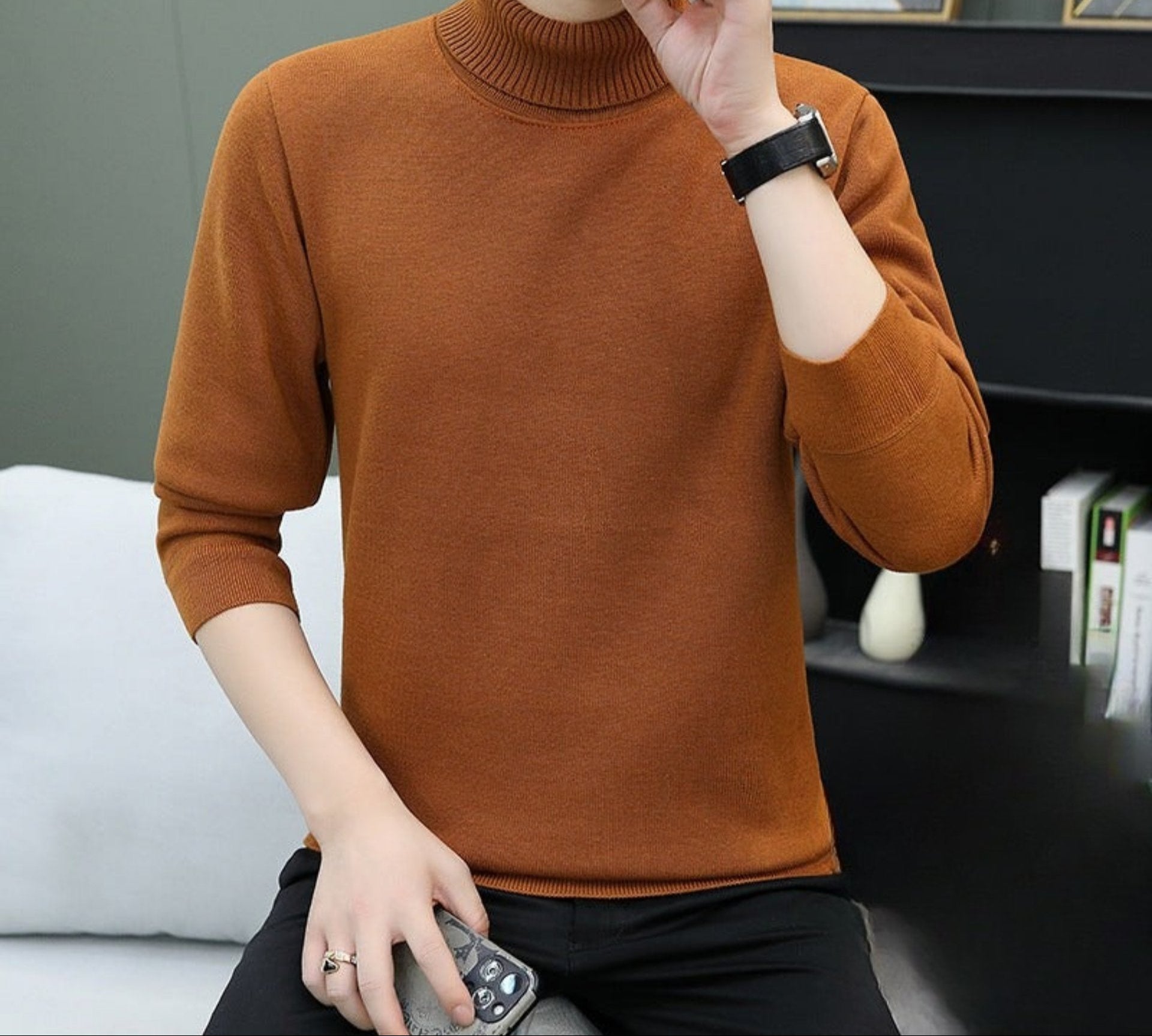 Caramel turtleneck sweater with fleece lining