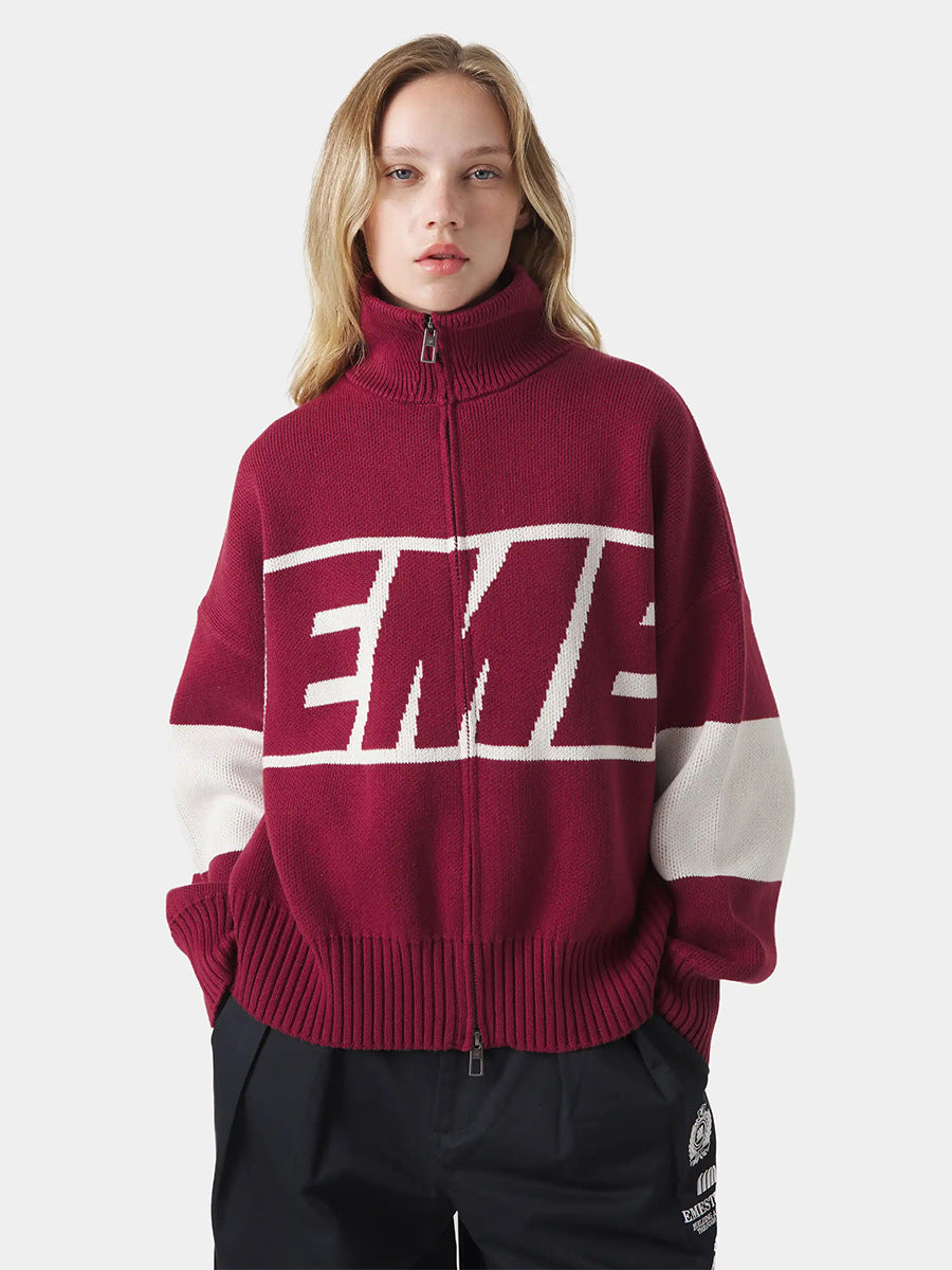 Retro Jacquard Letter Zip Up Sweater – Sporty Colorblock Knit Cardigan