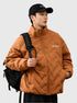Man wearing camel brown Aesthetic puffer jacket with black backpack strap, styled with black baseball cap and white undershirt
