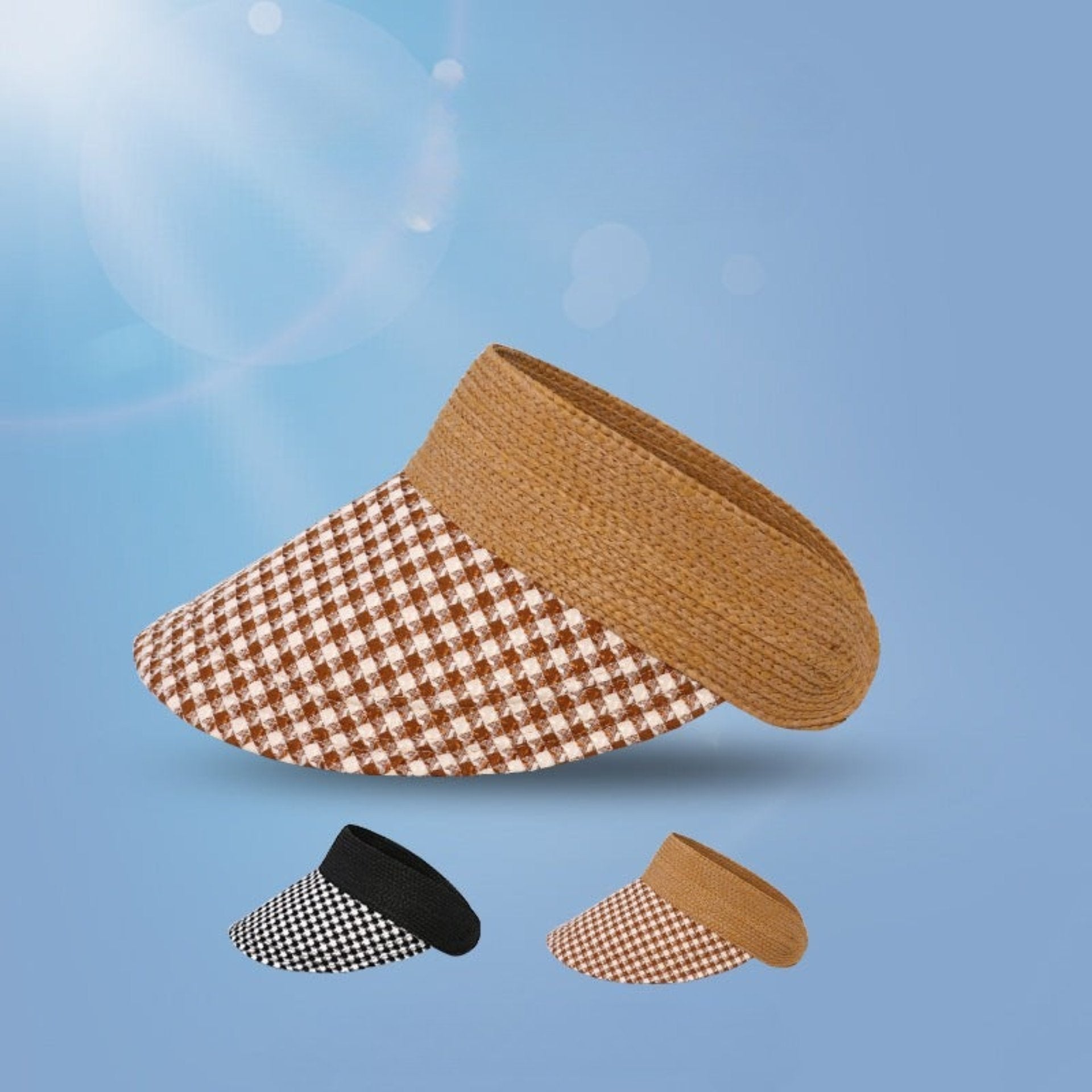  A brown woven straw visor with a checkered brown and white brim, featuring a curved peak and a wide headband.