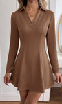 Brown Faux Suede Mini Dress with Point Collar