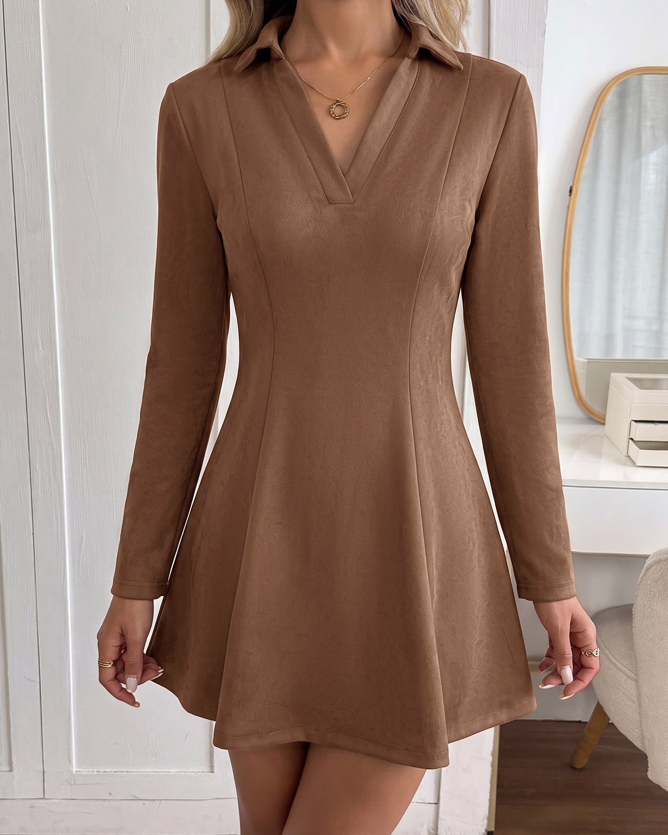 Brown Faux Suede Mini Dress with Point Collar