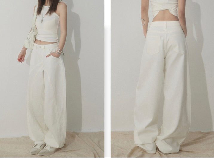 Side-by-side front and back views of white high waist wide-leg denim pants.