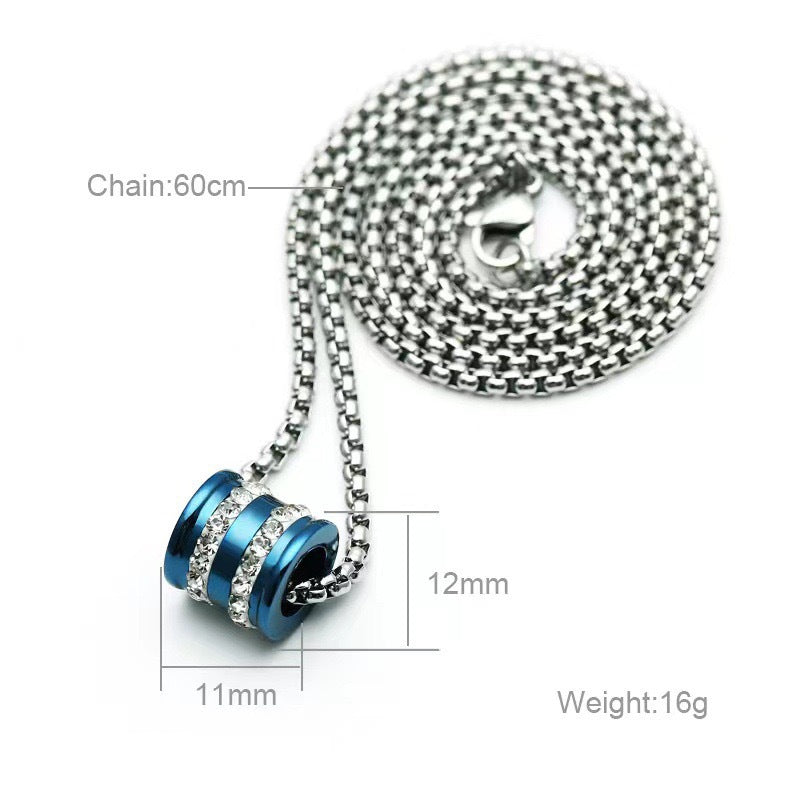 Silver chain necklace with cylindrical pendant featuring crystal bands