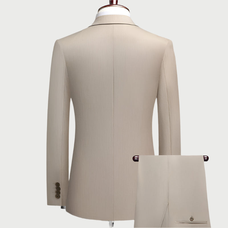Back view of beige tailored suit jacket showing clean lines and center vent