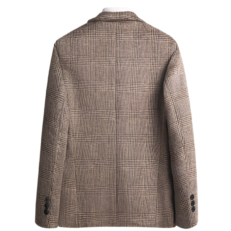 Back view of beige glen plaid blazer showing detailed pattern, tailored fit and center vent. Classic wool-blend texture visible across shoulders