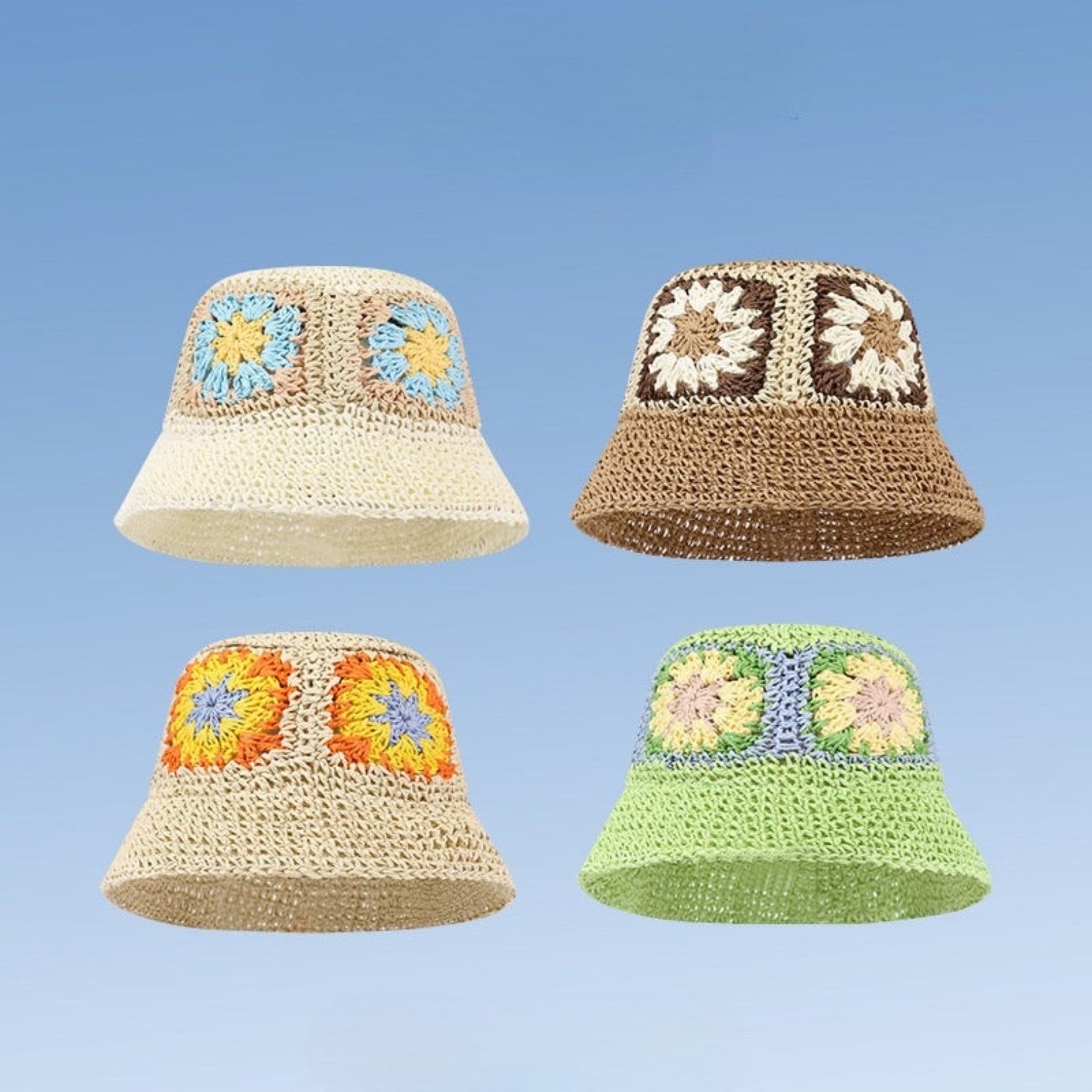 Four crochet bucket hats in beige, brown, green, and mixed colors with floral granny square patterns, displayed against a blue background.