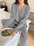 Close-up of gray ribbed pajama set detail and lunch plate with salad and sandwich