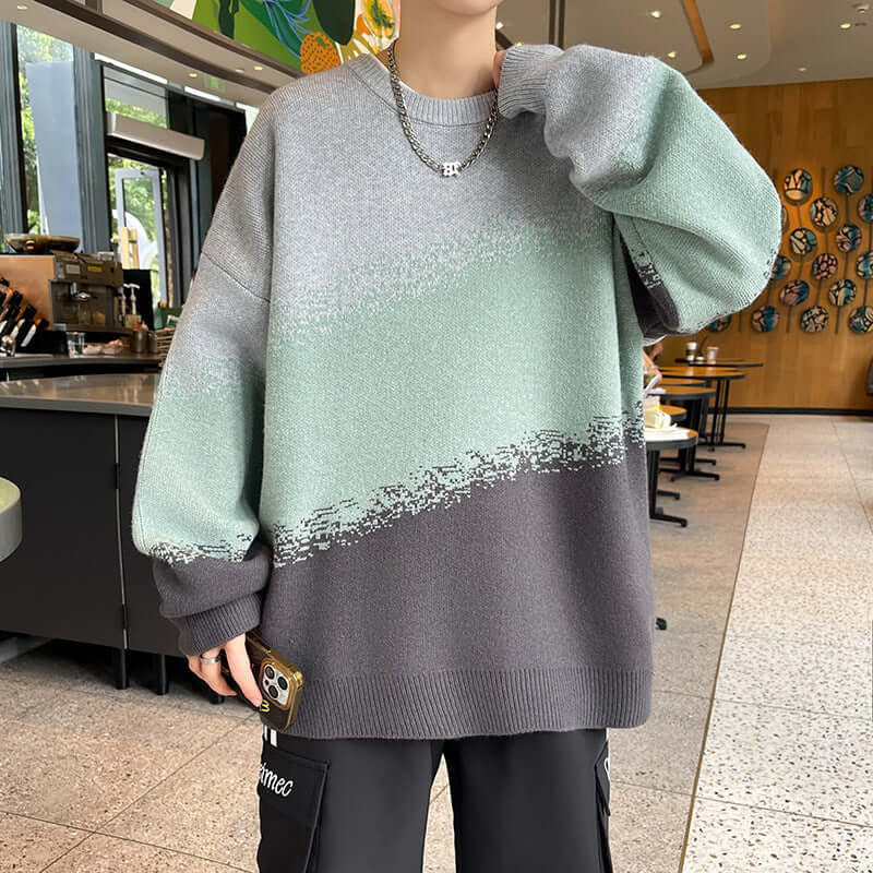 Tricolor knit sweater with grey, mint and charcoal diagonal blocks