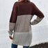 Back view of brown and gray color-blocked knit cardigan, showcasing ribbed knit texture and oversized fit