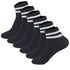 Six-pack of black athletic ankle socks with white stripe detailing on ribbed cuffs, arranged in a row display