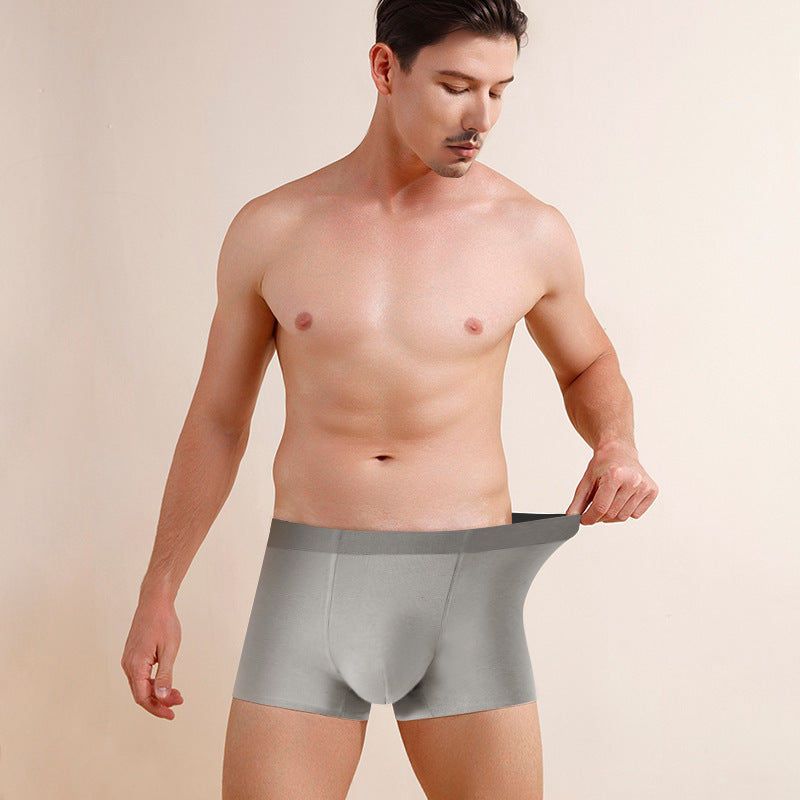 Model wearing light gray boxer briefs, showcasing fit and fabric against neutral background