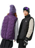 Two models side by side - one in purple vest/gray sweater with lavender beanie, one in black vest/cream sweater with ski goggles, winter accessories