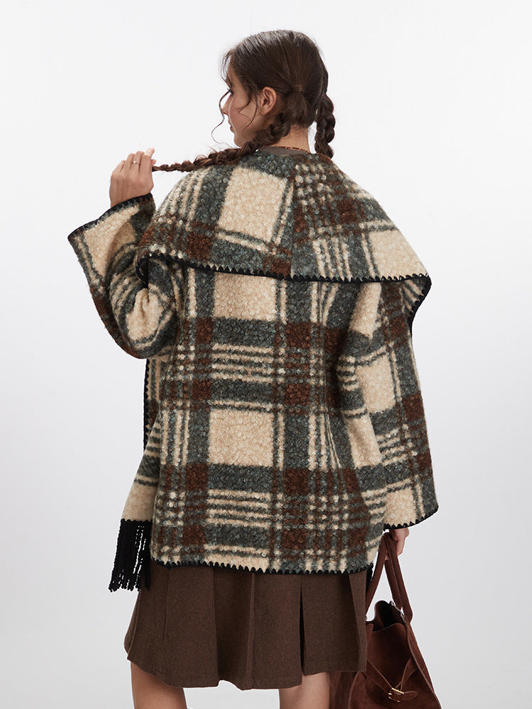 Plaid Pattern Mid-Length Coat with Scarf Collar