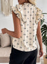 Cream bow print blouse women’s short sleeve ruffle sleeve casual top back view
