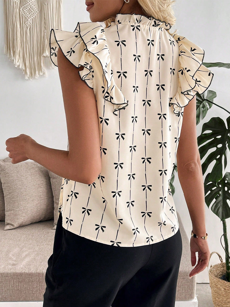 Cream bow print blouse women’s short sleeve ruffle sleeve casual top back view