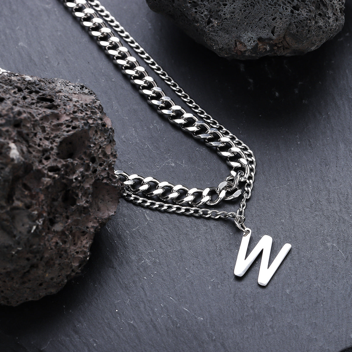 Silver double chain necklace with W pendant