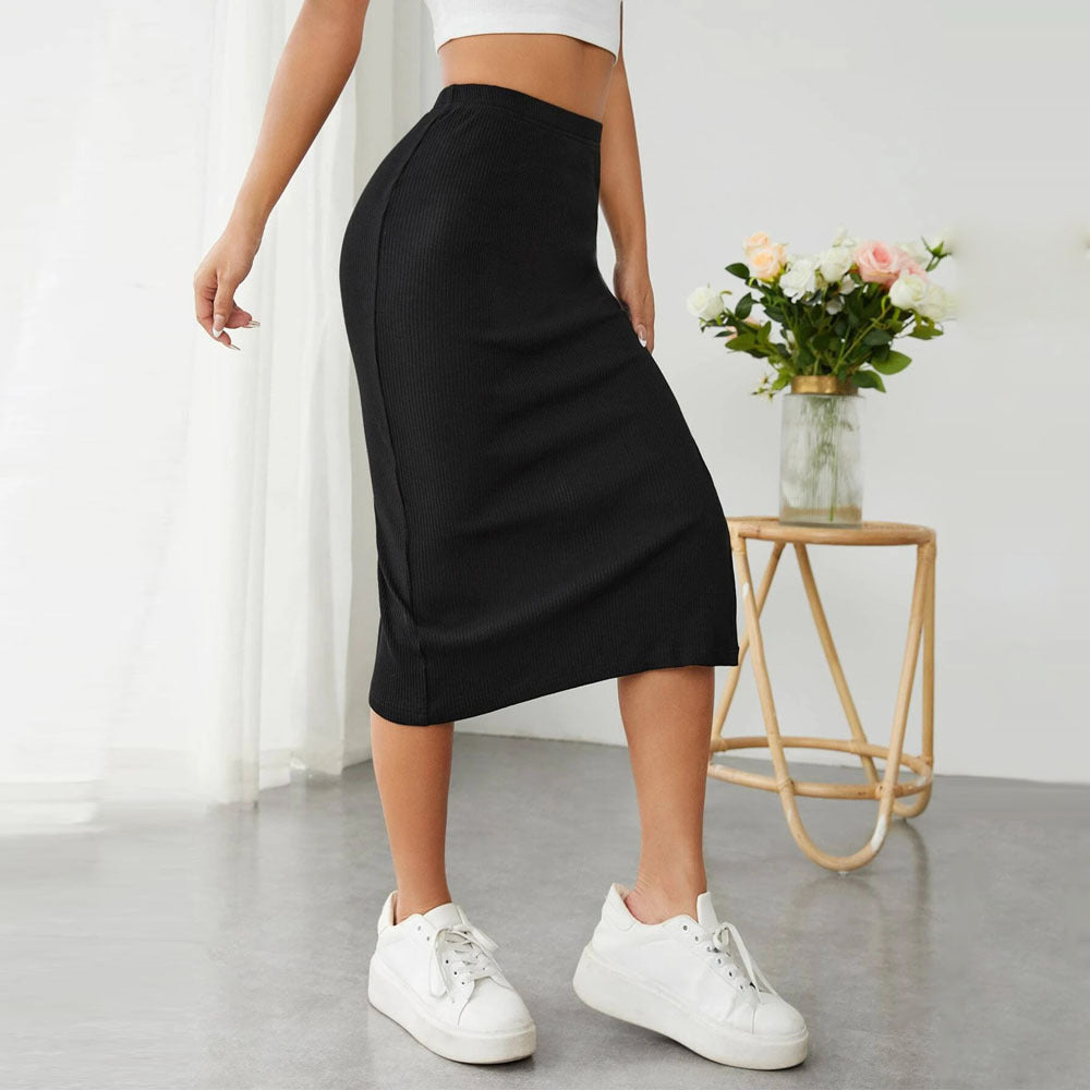 Minimalist High-Slit Black Midi Skirt