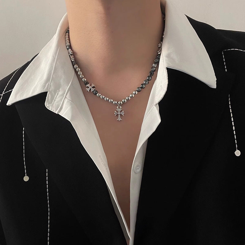 Titanium Steel Cuban chain necklace with cross pendants, styled with black blazer and white collar