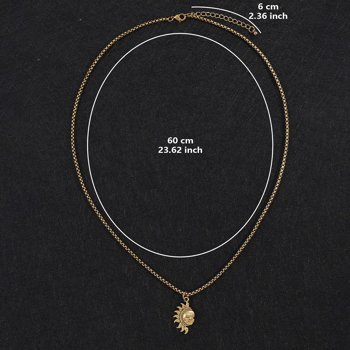 Gold chain necklace with sun charm showing 60cm length