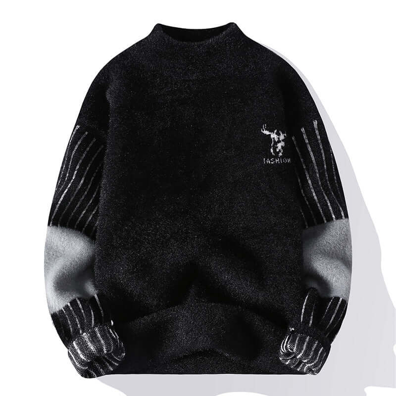Black mockneck sweater with striped sleeves and deer logo