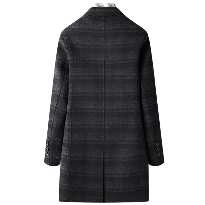 Back view of the black plaid overcoat, featuring a streamlined fit