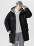 A man adjusting his gray cap while wearing black NEIGHBORHOOD parka with white turtleneck and gray sweatpants against white background