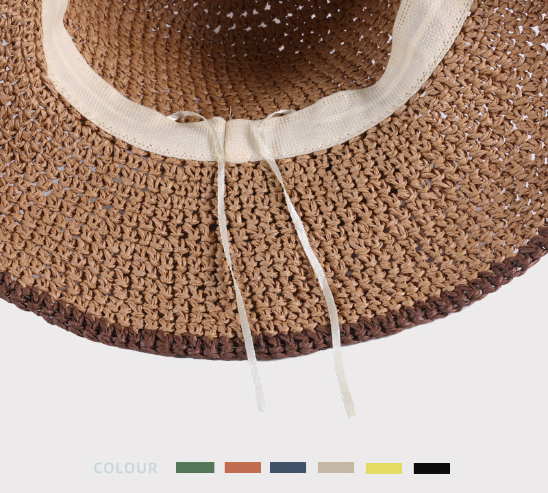 Close-up view of the inner lining of a woven sun hat, showing the adjustable drawstring for a customizable fit.