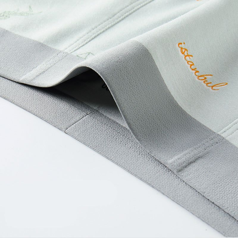 Detail shot of gray underwear fabric with gold text, showing premium stitching quality