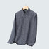 Charcoal gray checkered shirt with white grid lines on wooden hanger. Traditional button-down styling