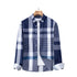 Navy blue plaid shirt with button-down collar and white contrast pattern. Classic business casual style