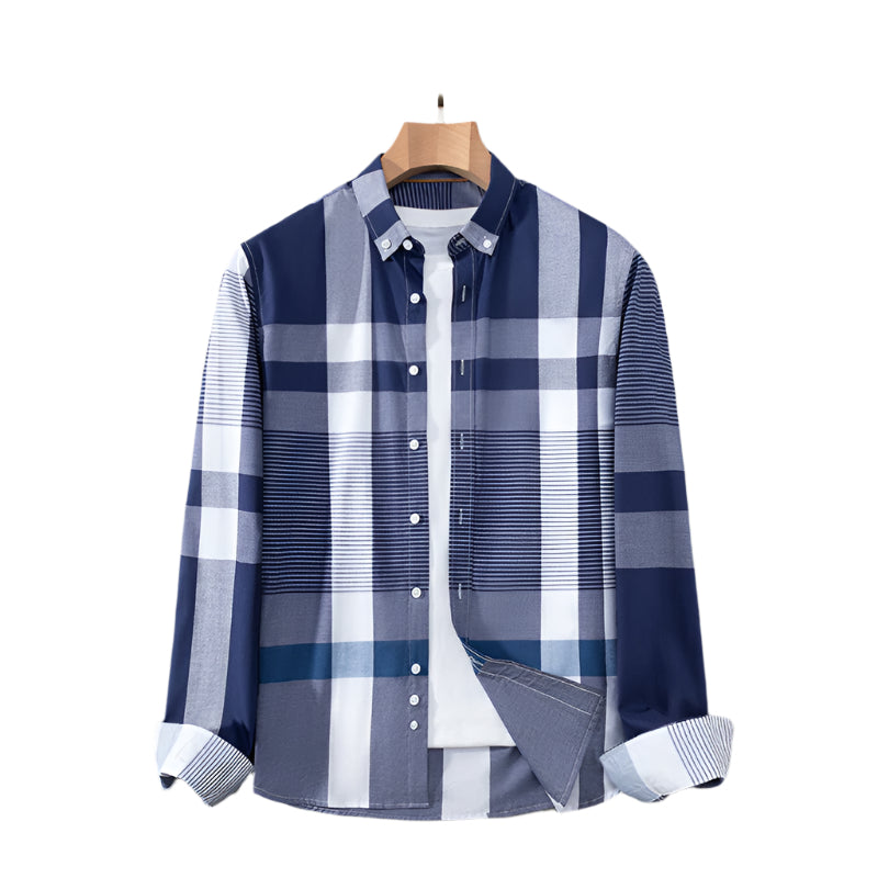 Navy blue plaid shirt with button-down collar and white contrast pattern. Classic business casual style