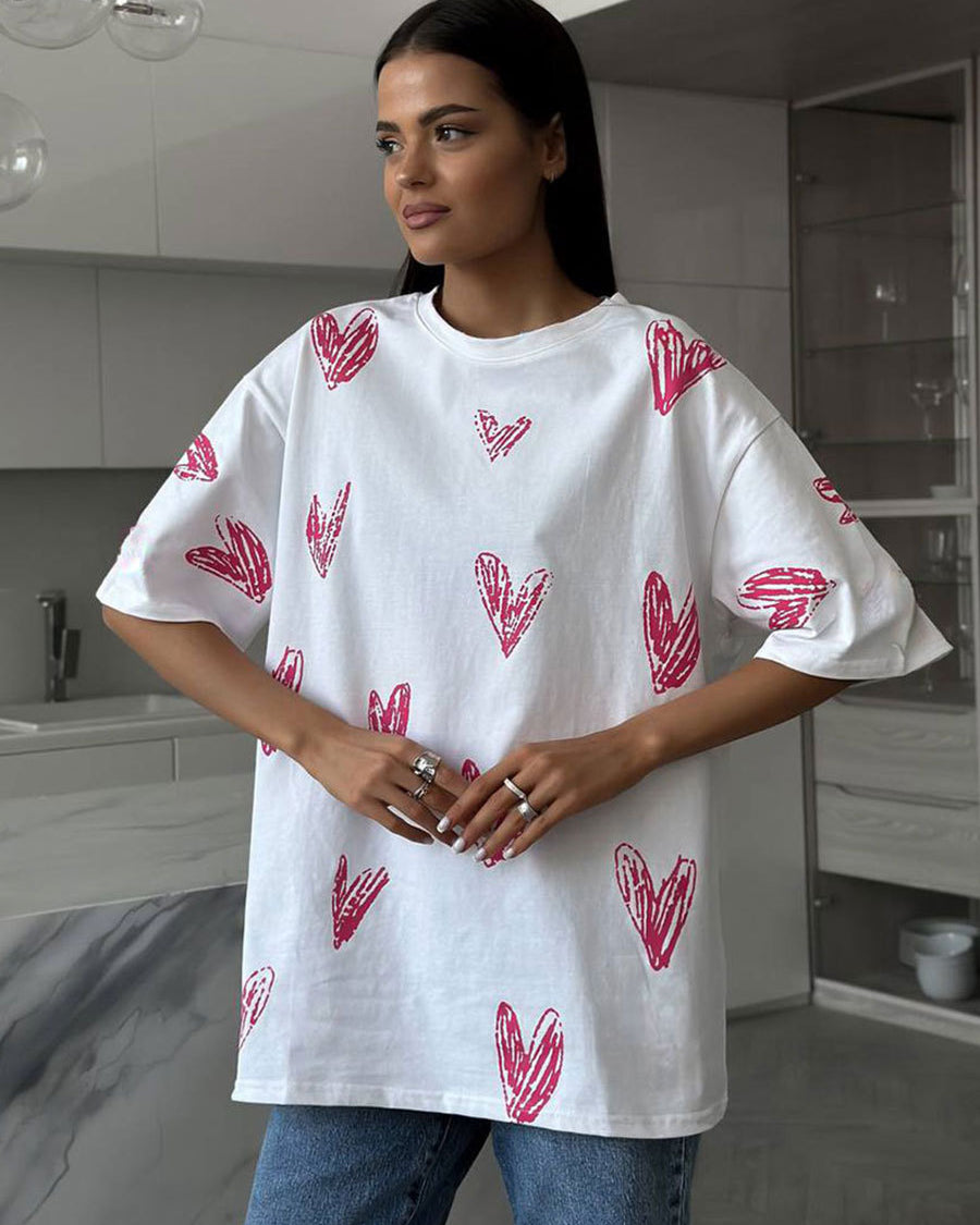 Camiseta de algodón con estampado de corazón de gran tamaño