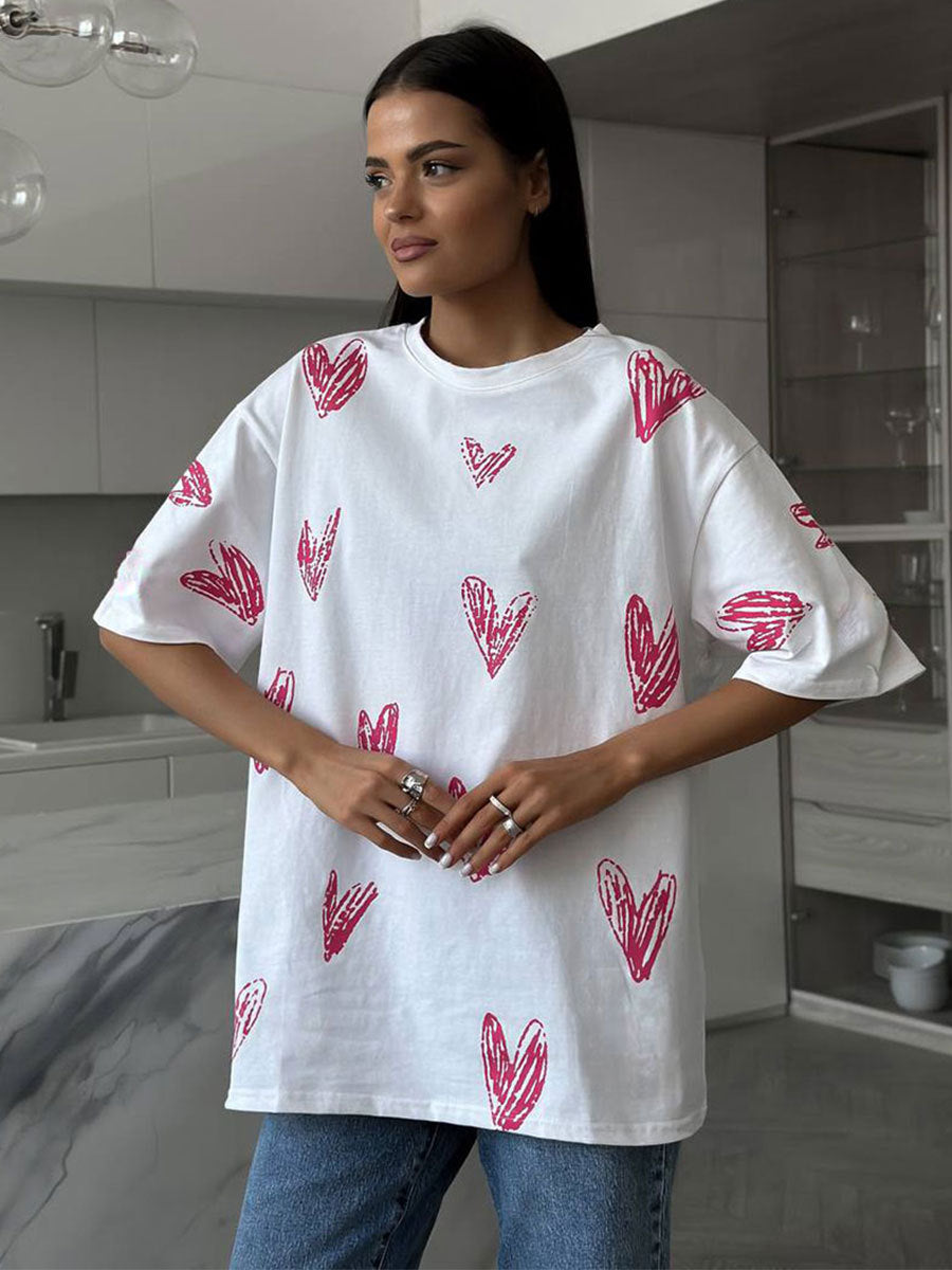 Oversized Heart Print Cotton T-Shirt
