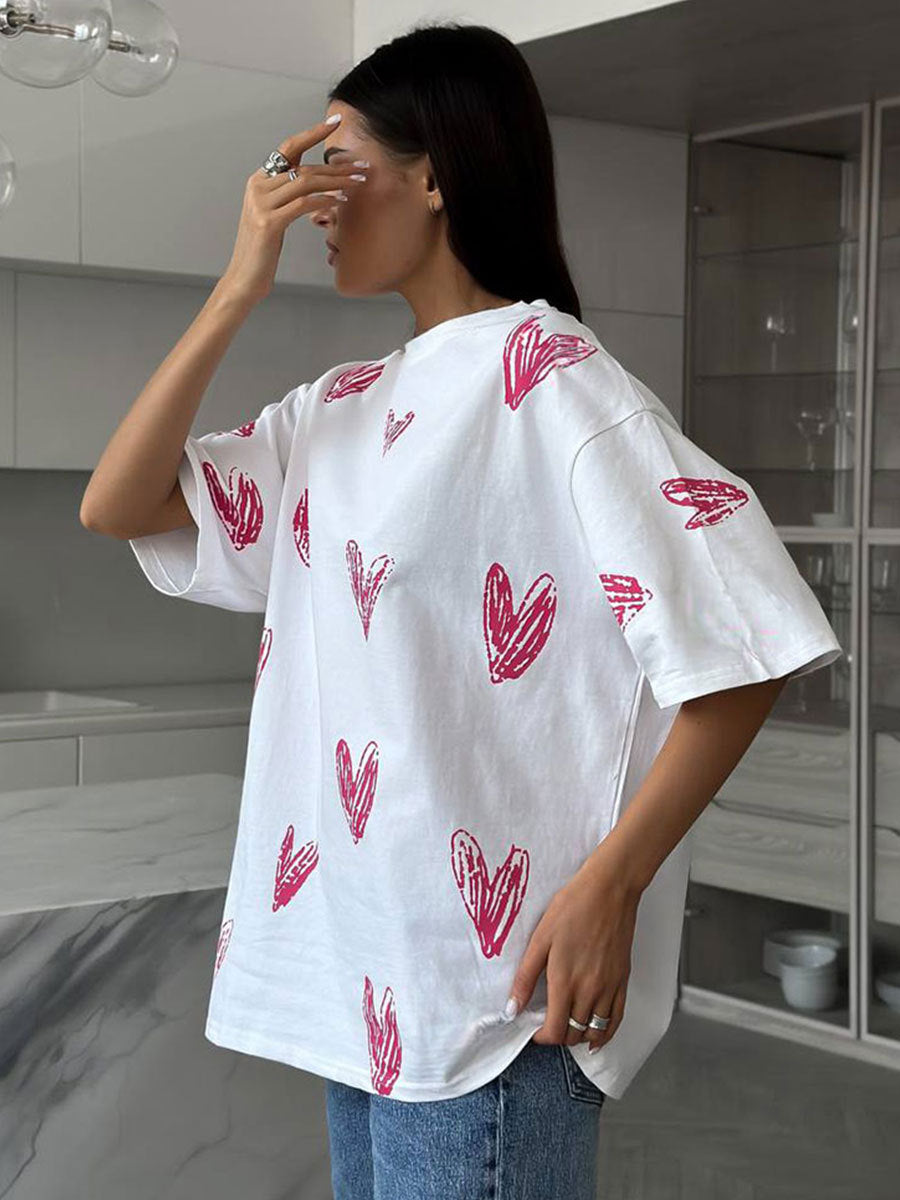 Oversized Heart Print Cotton T-Shirt