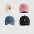 Four baseball caps with 'R' logo in beige, pink, blue, and black, displayed in grid layout with metallic embroidery