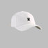 White baseball cap with black 'R' logo embroidery, featuring structured crown and adjustable back strap