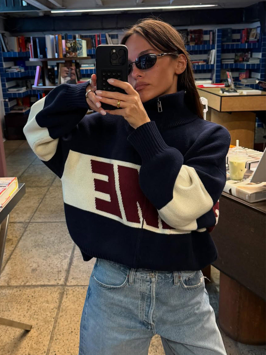 Retro Jacquard Letter Zip Up Sweater – Sporty Colorblock Knit Cardigan