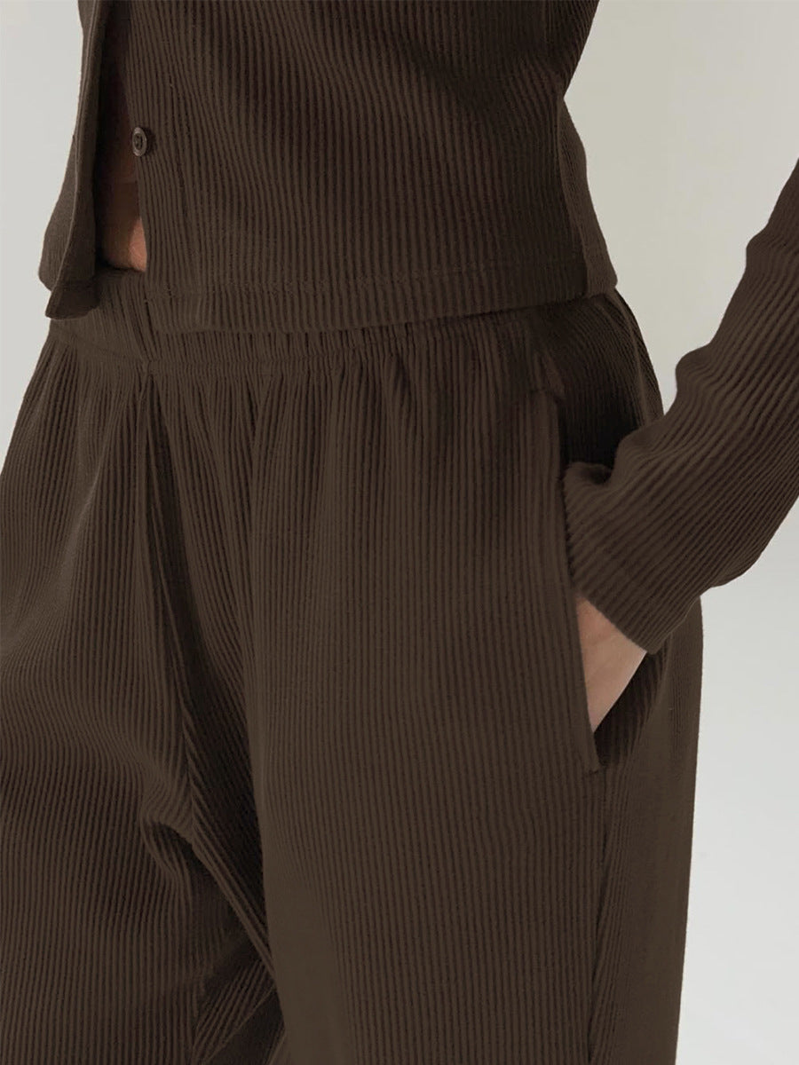 close-up of brown ribbed wide leg pants pocket and texture
