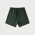 Dark green elastic waist shorts with drawstring displayed flat against light gray background