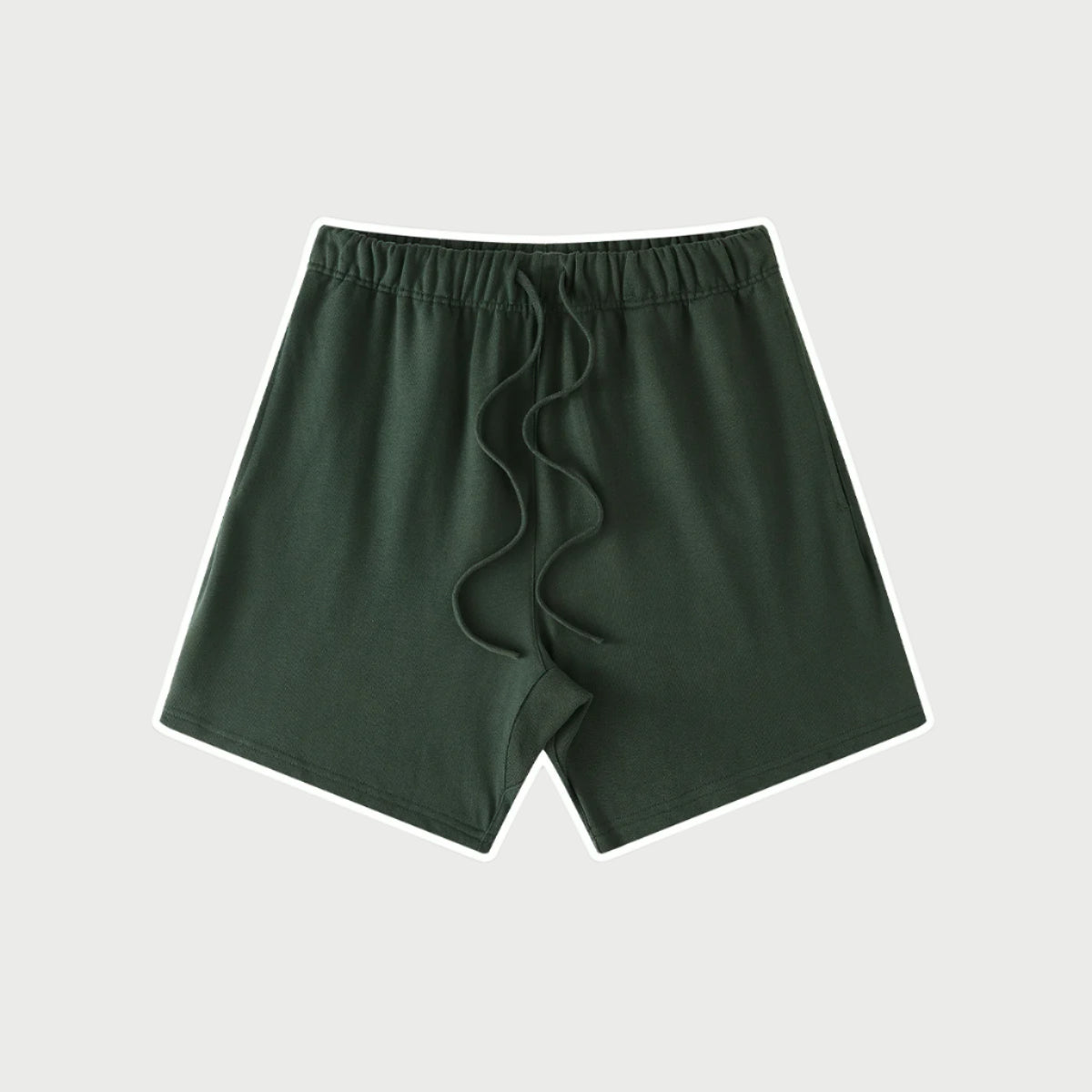 Dark green elastic waist shorts with drawstring displayed flat against light gray background