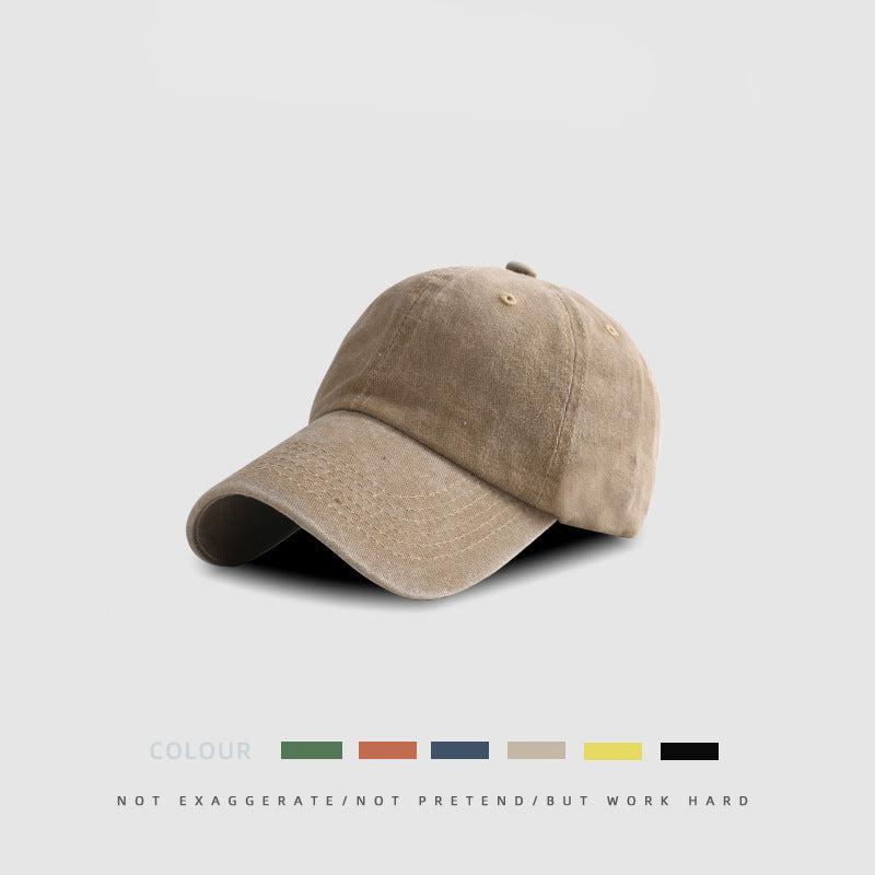 Khaki cotton baseball cap with distressed casual appearance