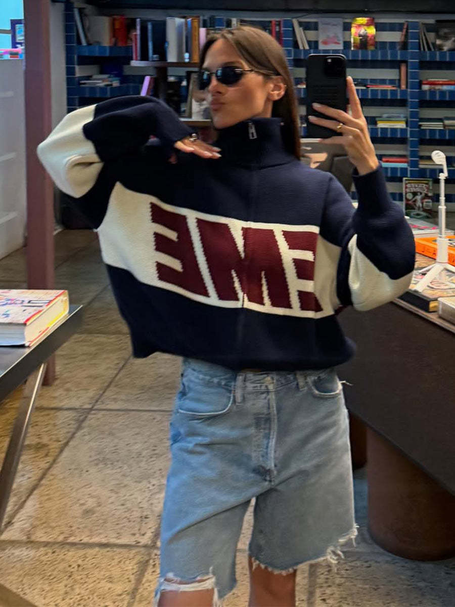 Retro Jacquard Letter Zip Up Sweater – Sporty Colorblock Knit Cardigan