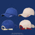 Four baseball caps showing front and back views of blue and cream styles with smiley face strap details